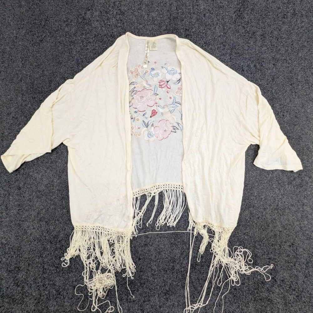 Forgotten Grace Kimono Womens XL Cream Open Front Floral Embroidered Cardigan